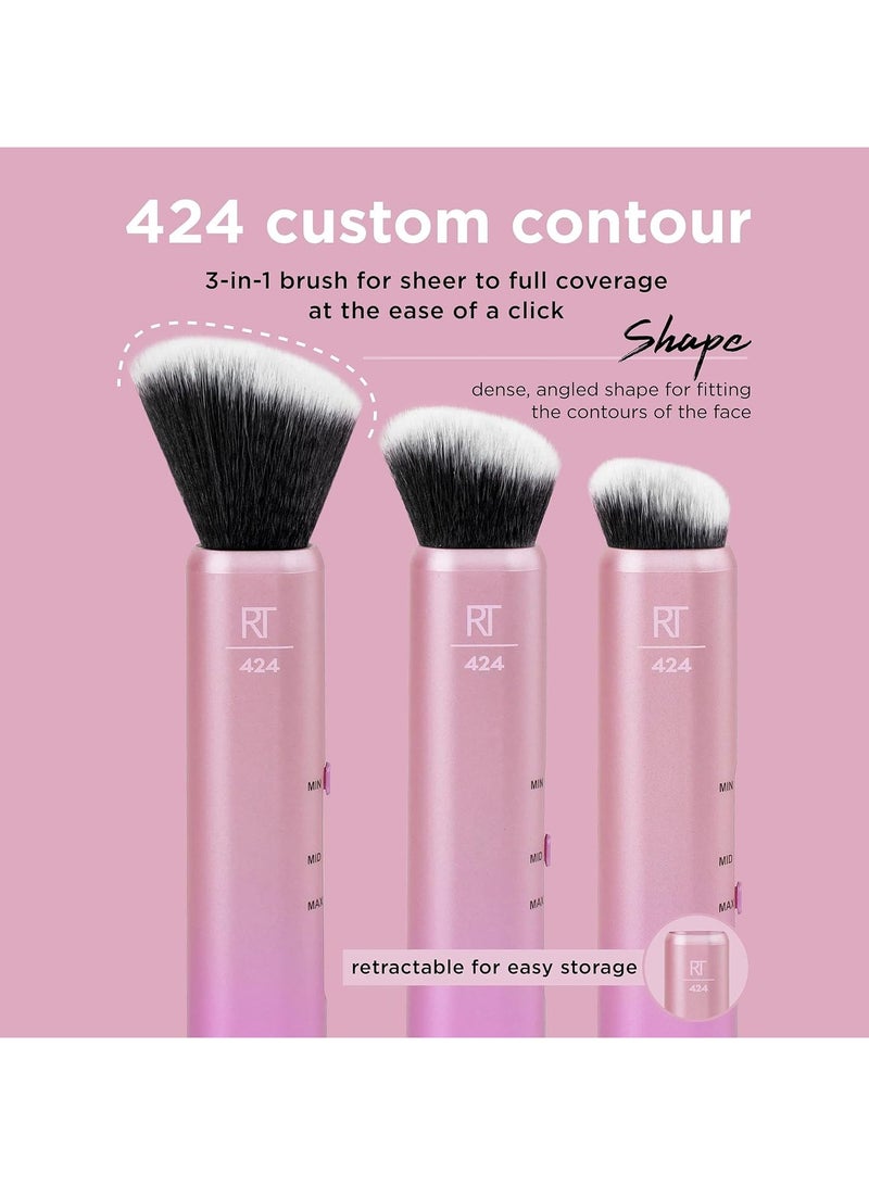 REAL TECHNIQUES - 3-In-1 Brush, Custom Slide For Bronzer And Contour Makeup, 3 Settings For Sheer, Medium, Or Focused Application, Travel-Sized Kabuki, Cruelty-Free Pink - Image 1