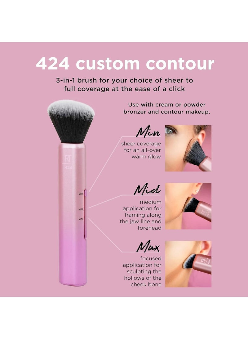 REAL TECHNIQUES - 3-In-1 Brush, Custom Slide For Bronzer And Contour Makeup, 3 Settings For Sheer, Medium, Or Focused Application, Travel-Sized Kabuki, Cruelty-Free Pink - Image 1