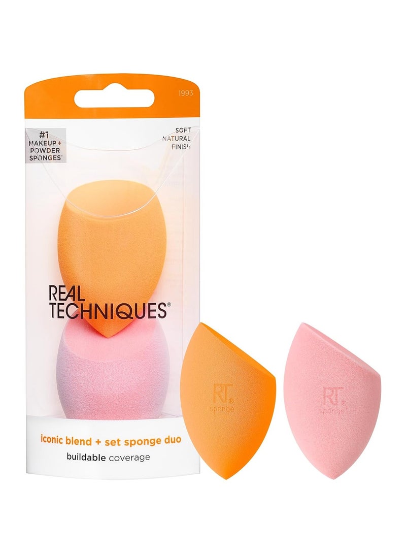 REAL TECHNIQUES Iconic Blend + Set Makeup Sponge Duo, Makeup Blending Sponges, For Liquid, Cream, & Powder, Cloud Skin, Powder Sponge & Foundation Sponge, Packaging May Vary Multicolour - Image 1