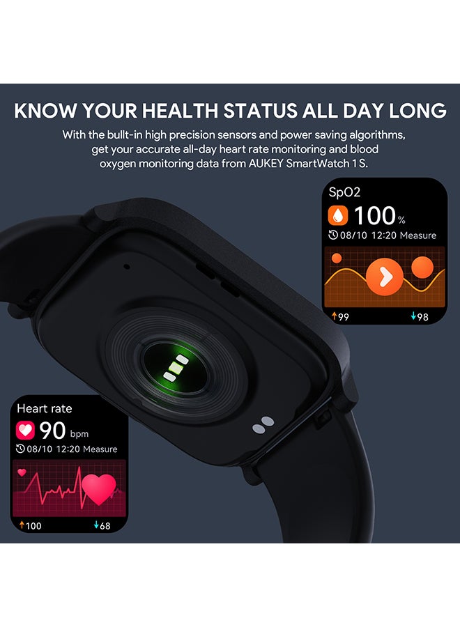 Aukey - Smartwatch with Calling Function, 1.4-inch TFT LCD display, IP68 Waterproof, 12 Days Battery Life Fitness Tracker with Sport & Health tracking & Customise faces SW-1S Black - Image 1