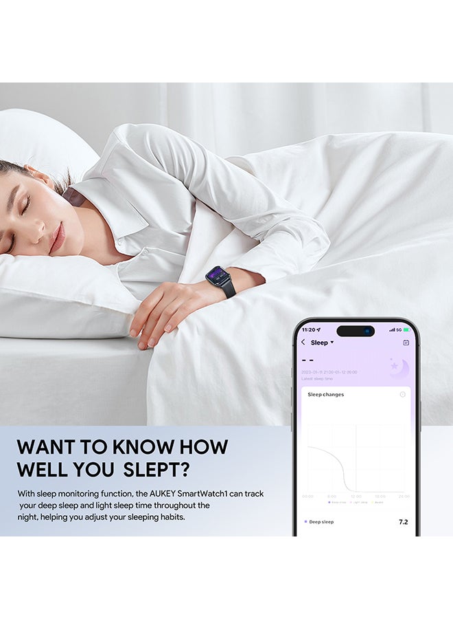 Aukey - Smartwatch with Calling Function, 1.4-inch TFT LCD display, IP68 Waterproof, 12 Days Battery Life Fitness Tracker with Sport & Health tracking & Customise faces SW-1S Black - Image 1