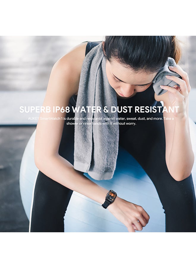 Aukey - Smartwatch with Calling Function, 1.4-inch TFT LCD display, IP68 Waterproof, 12 Days Battery Life Fitness Tracker with Sport & Health tracking & Customise faces SW-1S Black - Image 1