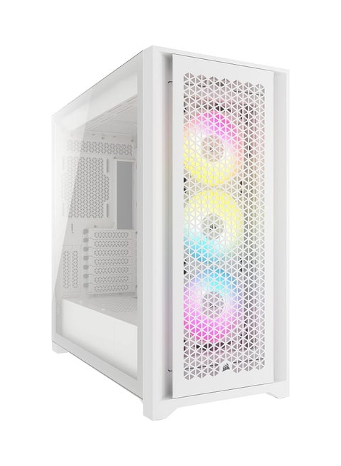 حافظة iCUE 5000D RGB Airflow Mid-Tower - 3x مراوح AF120 RGB ELITE - وحدة تحكم Lighting Node PRO - تصميم تدفق الهواء العالي - نظام إدارة الكابلات RapidRoute - أبيض