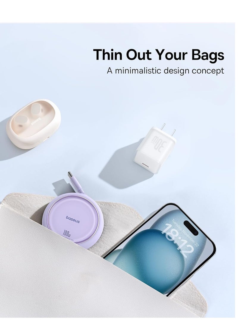 بيسوس كابل USB C، كابل شحن سريع USB C صغير قابل للسحب 100 واط إلى USB C PD 5A، كابل شاحن USB من النوع C بطول 1 متر بطول 4 مراحل لهواتف iPhone 15/Pro/Plus/Pro Max وMacBook وiPad Pro وSamsung S23/S22+ أرجواني - Image 5