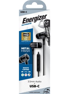 Energizer UIL30 In-Ear Wired Headphones 3.5Mm Aux + Type-C Adapter | Metallic Stereo Earbuds W/ Mic, Call, Music Buttons, For Apple iPad, Android, And Devices Black  - Image 2