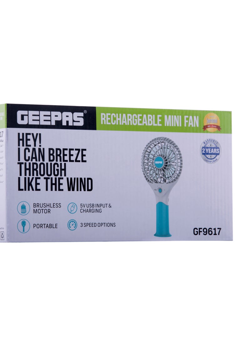 GEEPAS Rechargeable Mini Fan Personal Portable Fan With 3 Speed Options GF9617-BL Blue  - Image 3