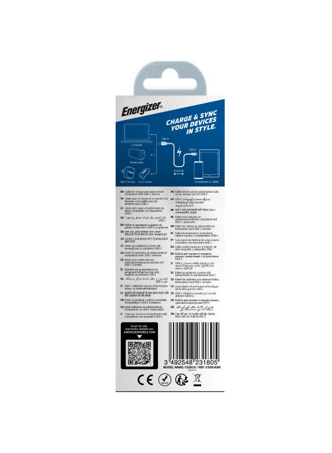 Energizer C520CK USB-A To USB-C Charge And Sync Cable 6.5Ft| Fast Charge USB-C Certified, Metallic Heavy Duty, For Apple iPad Pro/Air/Mini, Samsung Galaxy S23/22 Ultra And Android Devices Black - Image 3