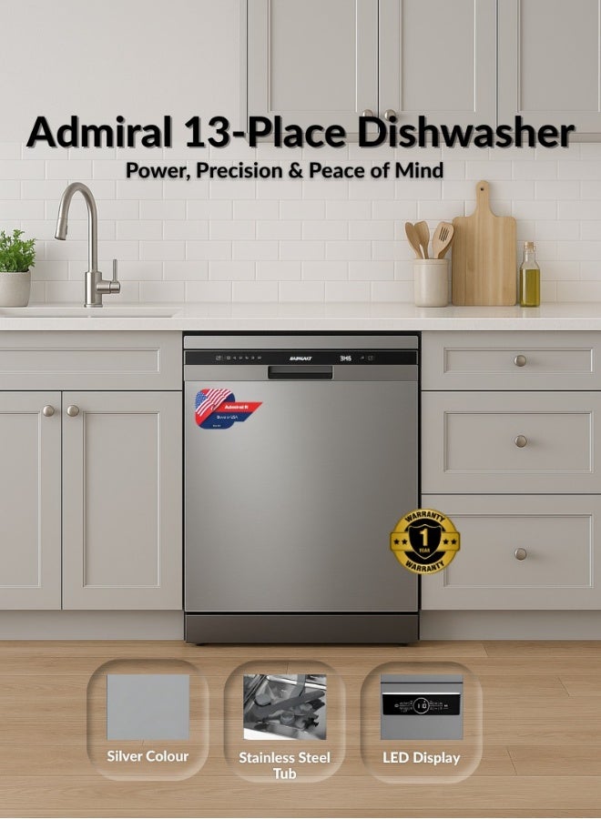 Admiral Freestanding Dishwasher, 13 Place Setting, 6 Auto Programs, Silent & High Energy Efficient, Half Load Function, Rapid Wash, Child Lock, Off -Peak Wash, Extra Drying, 1 Year Warranty 13 L 1800 W ADDW136USCP Silver - Image 1