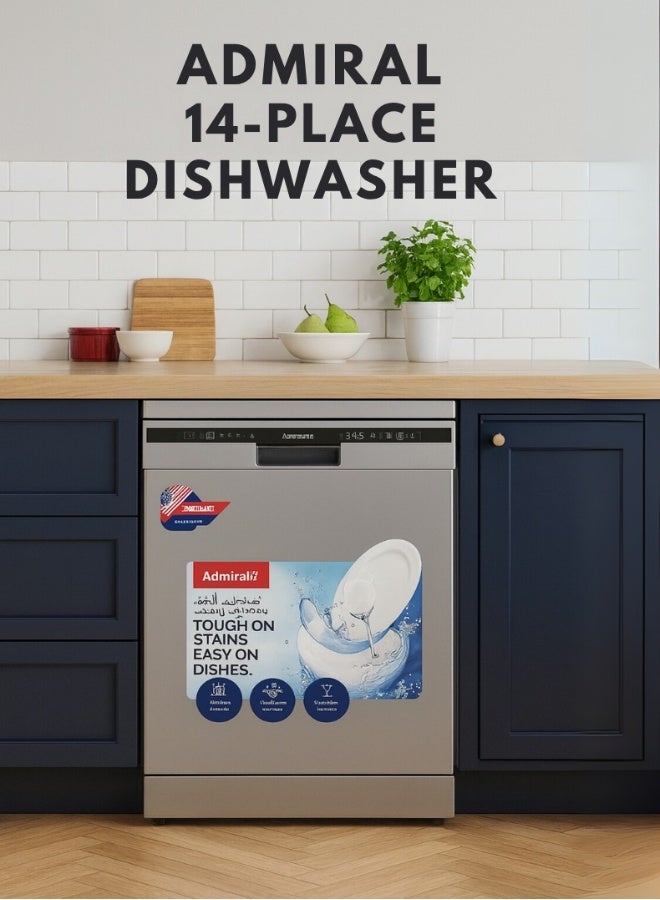 Admiral Freestanding Dishwasher, 14 Place Setting, 7 Auto Programs, Silent & High Energy Efficient, Half Load Function, Rapid Wash, Child Lock, Off -Peak Wash, Extra Drying, 1 Year Warranty 14 L 1800 W ADDW147USCP Silver - Image 4