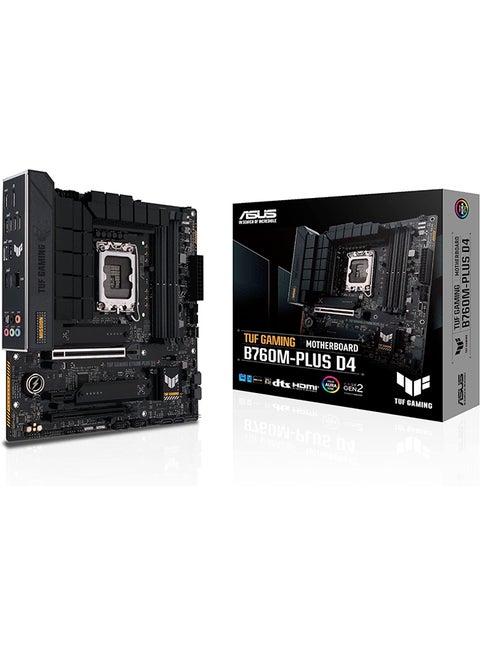 TUF Gaming B760M-PLUS D4, Intel B760 (LGA 1700) mATX motherboard, PCIe 5.0, two M.2 slots, 12+1 DrMOS, DDR4, Realtek 2.5Gb Ethernet, HDMI, DisplayPort, Rear USB 3.2 Gen 2x2 Type-C Black