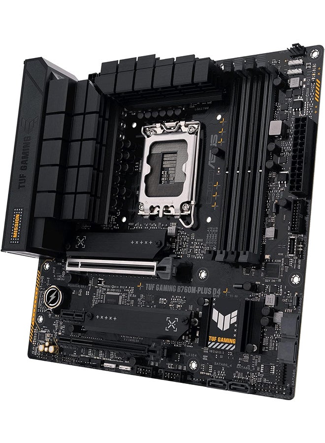TUF Gaming B760M-PLUS D4, Intel B760 (LGA 1700) mATX motherboard, PCIe 5.0, two M.2 slots, 12+1 DrMOS, DDR4, Realtek 2.5Gb Ethernet, HDMI, DisplayPort, Rear USB 3.2 Gen 2x2 Type-C Black