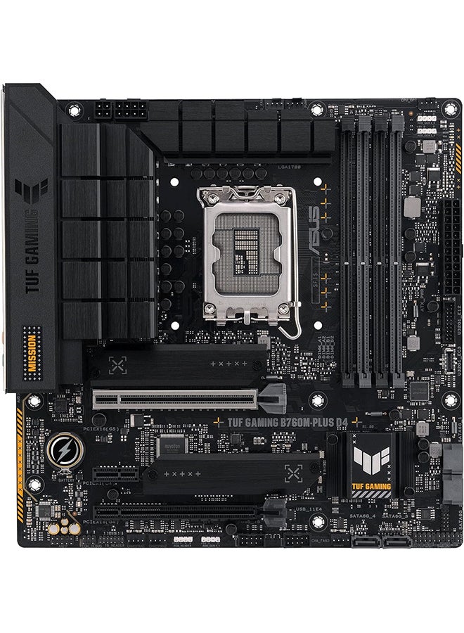 TUF Gaming B760M-PLUS D4, Intel B760 (LGA 1700) mATX motherboard, PCIe 5.0, two M.2 slots, 12+1 DrMOS, DDR4, Realtek 2.5Gb Ethernet, HDMI, DisplayPort, Rear USB 3.2 Gen 2x2 Type-C Black