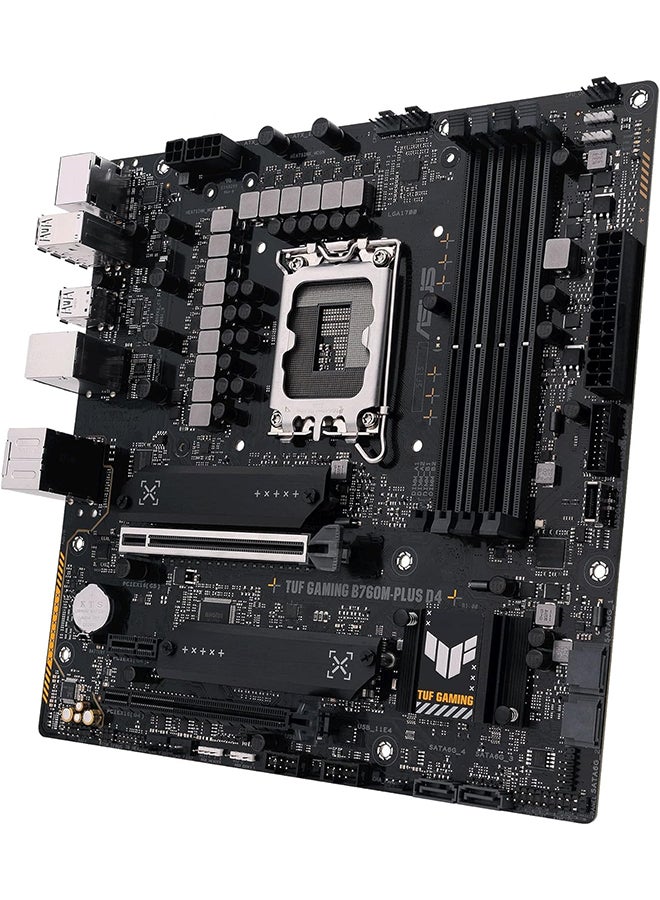 TUF Gaming B760M-PLUS D4, Intel B760 (LGA 1700) mATX motherboard, PCIe 5.0, two M.2 slots, 12+1 DrMOS, DDR4, Realtek 2.5Gb Ethernet, HDMI, DisplayPort, Rear USB 3.2 Gen 2x2 Type-C Black