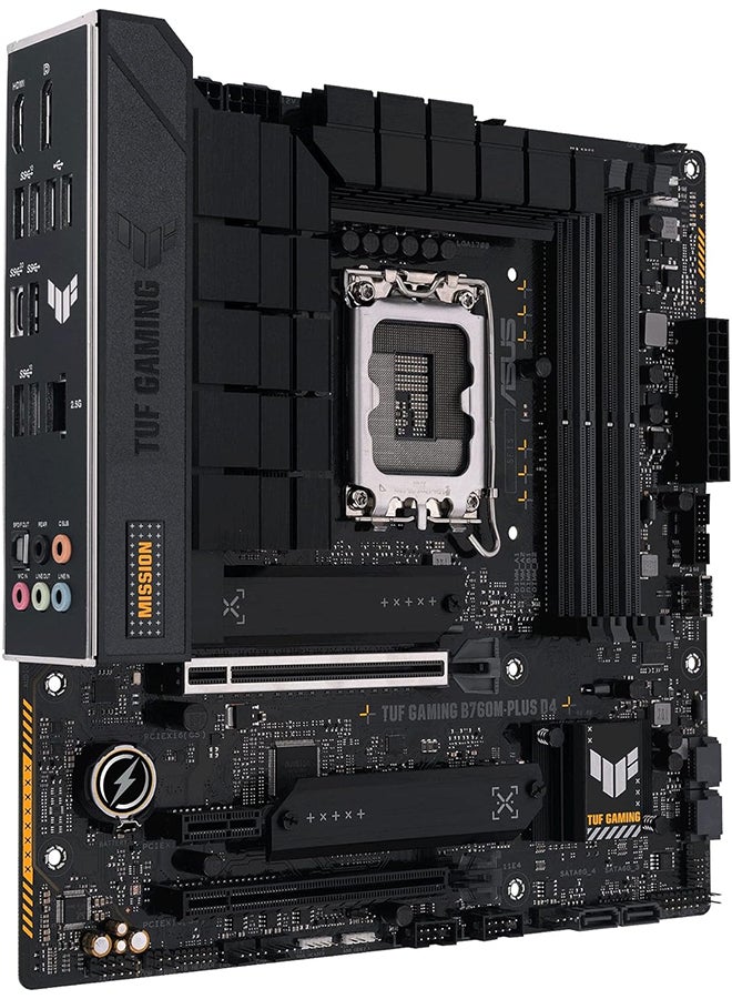 TUF Gaming B760M-PLUS D4, Intel B760 (LGA 1700) mATX motherboard, PCIe 5.0, two M.2 slots, 12+1 DrMOS, DDR4, Realtek 2.5Gb Ethernet, HDMI, DisplayPort, Rear USB 3.2 Gen 2x2 Type-C Black
