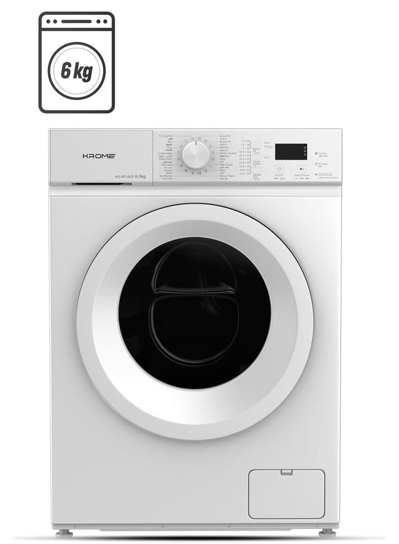 Krome 1000 RPM Front Load Washing Machine, LED Display With Universal Motor 6 kg KR-WFL60S White - Image 1