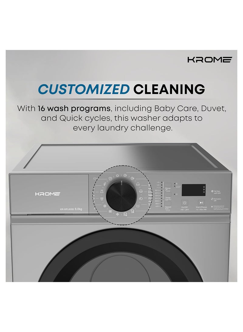 Krome - 6 Kg Front Load Washing Machine, 1000 RPM with LED Display With Universal Motor 6 kg KR-WFL60SS Titanium - Image 1