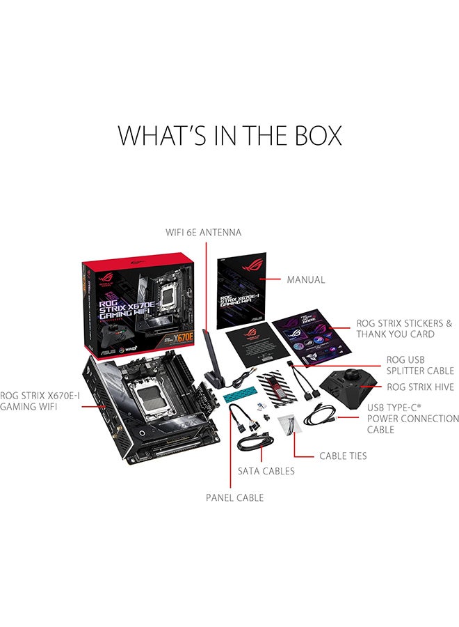 ASUS - Rog Strix X670E-I Gaming Wifi Mini-ITX Motherboard, AMD AM5 Socket, AMD X670 Chipset, 2xDIMM, Max 64GB DDR5, WiFi 6E 6GHz, 2xM.2 Slots,1xPCIe 5x16, 1x HDMI/2xUSB4 | 90MB1B70-M0EAY0 Black - Image 1