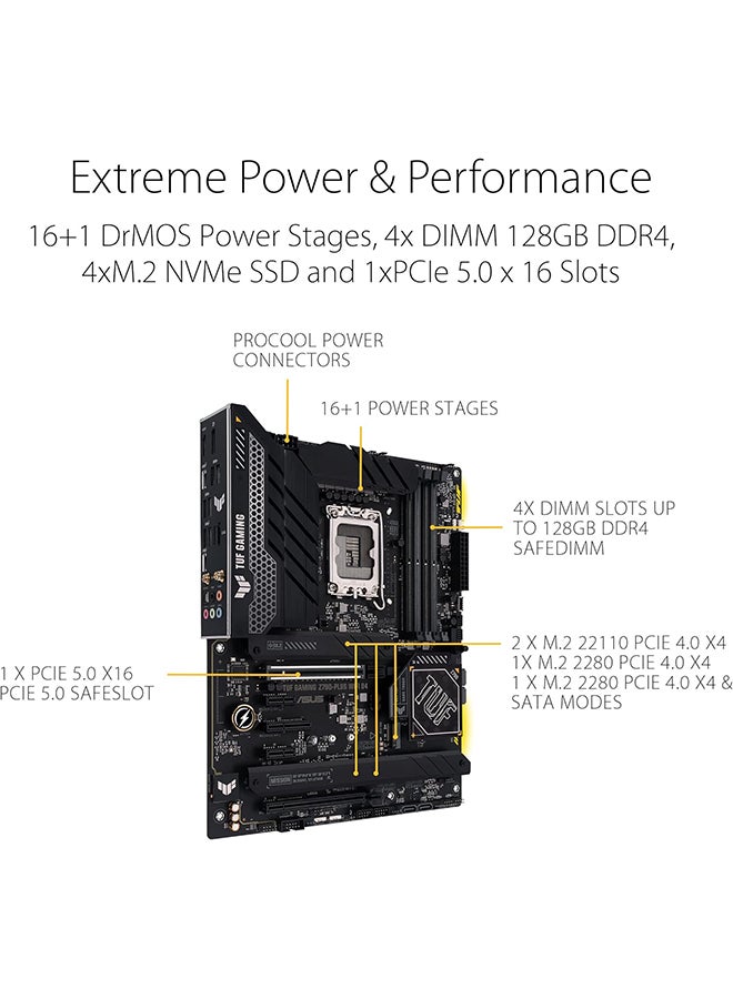 TUF Gaming Z790-Plus WiFi D4 LGA 1700(Intel®12th&13th Gen) ATX Gaming Motherboard(PCIe 5.0, DDR4,4xM.2 Slots,16+1 DrMOS, WiFi 6,2.5Gb LAN, Front USB 3.2 Gen 2 Type-C®, Thunderbolt 4/USB4) Black