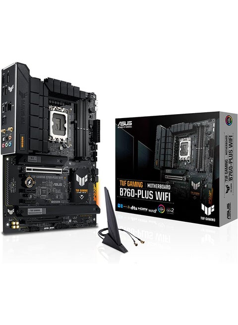 اللوحة الأم TUF GAMING B760-PLUS WIFI D4 LGA1700 ATX، مجموعة شرائح Intel B760، فتحات 4xDIMM، ذاكرة بحد أقصى 128 جيجابايت، SATA 6 جيجابت في الثانية، PCIe 5.0، WIFI-6E، HDMI/DisplayPort، USB Gen 2 Type-C