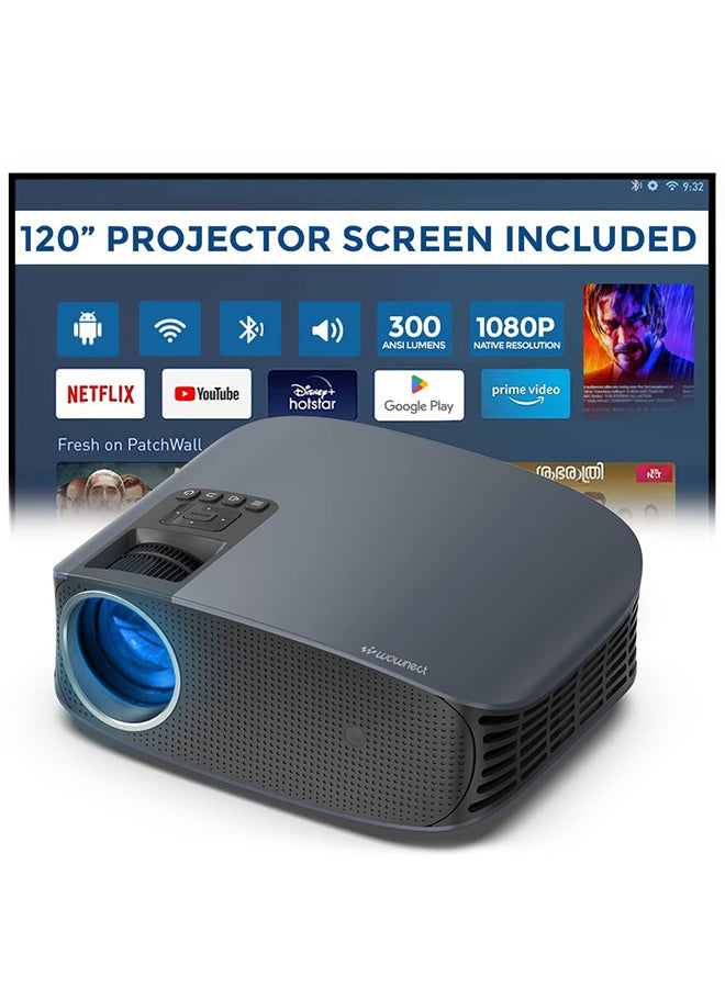 LED Projector With 120 Inch Screen | 300 ANSI Native 1080P Android 9.0 TV 5G WiFi Full HD Home Theater Video Projector PROJ-WO-74-AN_SCR-04 Black 