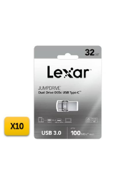 Pack of 10 Lexar JumpDrive Dual Drive D35c USB 3.0 Type-C Flash Drive 100MB/s, Capacity , 32 GB