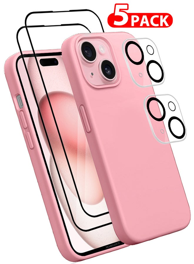 MARGOUN 5 Packs For iPhone 15 Case 2 Screen Protectors And 2 Camera Lens Protectors Upgrade Defender Silicone Cover Shockproof Anti-Scratch Protective Phone Case Pink  - Image 1