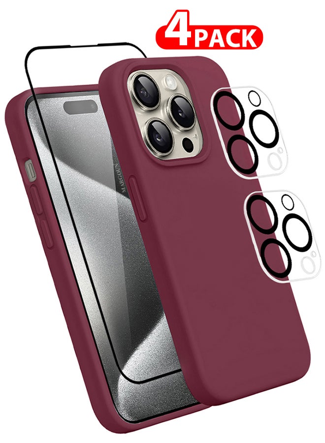 MARGOUN 4 Packs For iPhone 15 Pro Case Screen Protector And 2 Camera Lens Protectors Upgrade Defender Silicone Cover Shockproof Anti-Scratch Protective Phone Case Dark Red  - Image 1