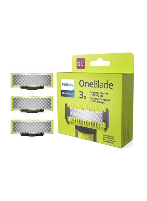 شفرات بديلة OneBlade QP630/51 من Philips | تشذيب، تحديد، وحلاقة أي طول للشعر | 3 شفرات أصلية + 1 مجموعة للجسم | تتناسب مع جميع مقابض OneBlade، للاستخدام الرطب والجاف