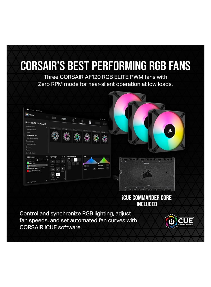 CORSAIR - iCUE H150i Elite CAPELLIX XT Desktop Liquid CPU Cooler - Three AF120 RGB Elite Fans - 360mm Radiator - Intel LGA 1700, 1200, 115X, 2066, AMD AM5, AM4 - Included Commander Core - Image 1