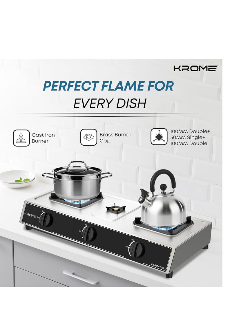 Gas Stove 3 Burners, Auto Ignition, Two 100MM + Single 30MM Brass Burner Cap, LPG Cooktop, Flame Failure Device, Enamel Square Pan Support, CE Approved, Stainless Steel Body KR-GSFC3041 Silver - pnsku/N70019351V/45/_/1698415265/0bd1e8fb-256a-42ac-adaf-95cd1f1644eb