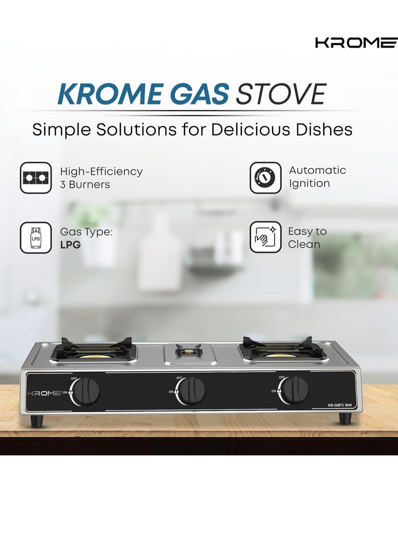 Gas Stove 3 Burners, Auto Ignition, Two 100MM + Single 30MM Brass Burner Cap, LPG Cooktop, Flame Failure Device, Enamel Square Pan Support, CE Approved, Stainless Steel Body KR-GSFC3041 Silver - pnsku/N70019351V/45/_/1698415265/d85b69fd-09c4-4365-9eda-3cae29087b53