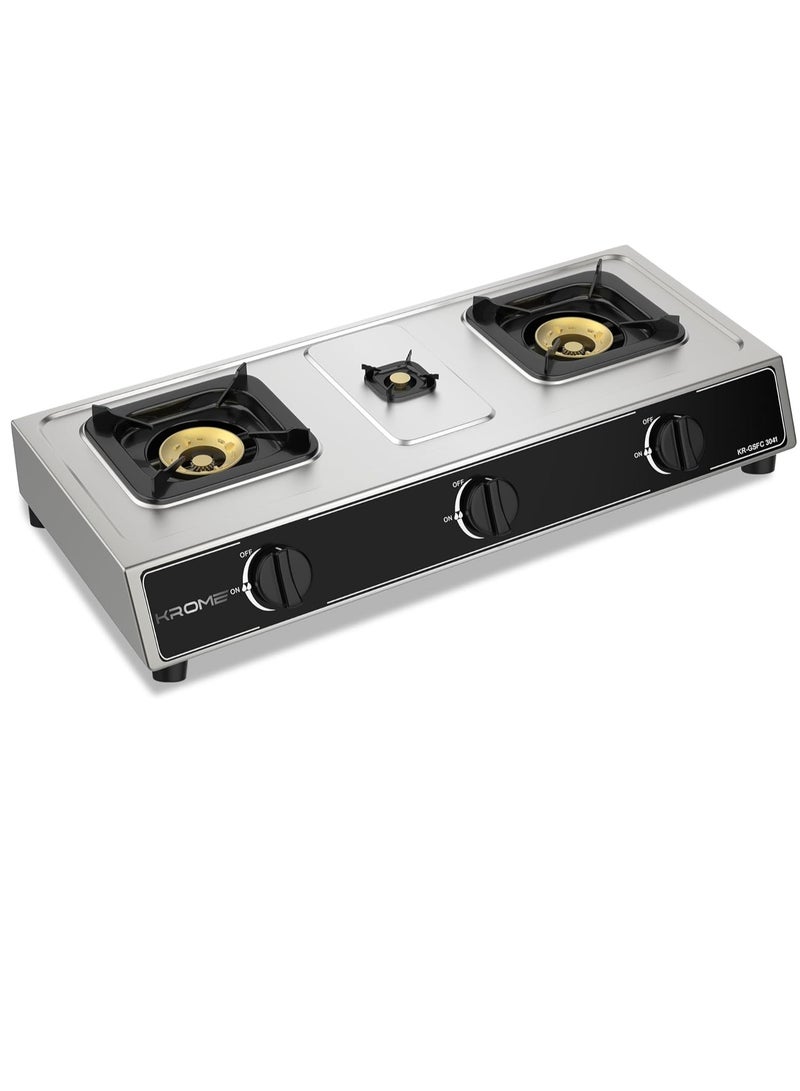 Gas Stove 3 Burners, Auto Ignition, Two 100MM + Single 30MM Brass Burner Cap, LPG Cooktop, Flame Failure Device, Enamel Square Pan Support, CE Approved, Stainless Steel Body KR-GSFC3041 Silver - pnsku/N70019351V/45/_/1698415267/035a37e8-2d24-465f-ba07-f90349406cfe