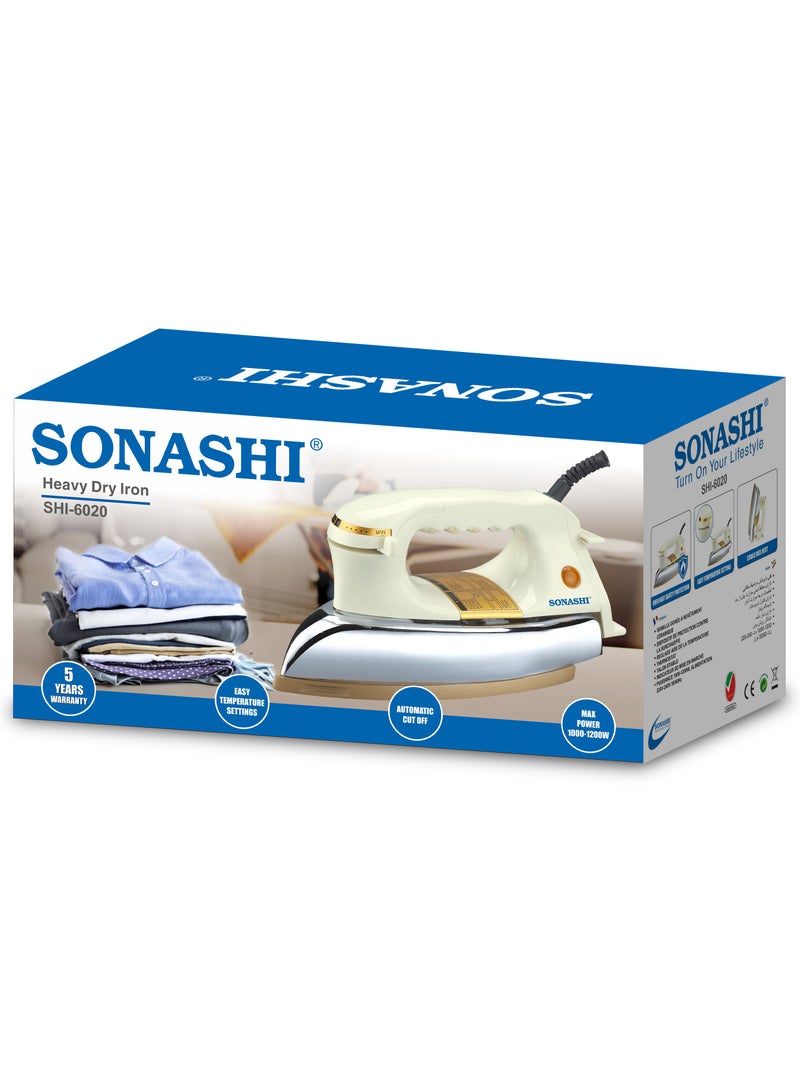 SONASHI - Heavy Iron - Gold Ceramic Coated Soleplate | Overheat Safety Protection With Easy Temperature Settings | Heavy Iron Box Suitable For All Fabrics 1200 W SHI-6020 Off White/Gold - Image 1