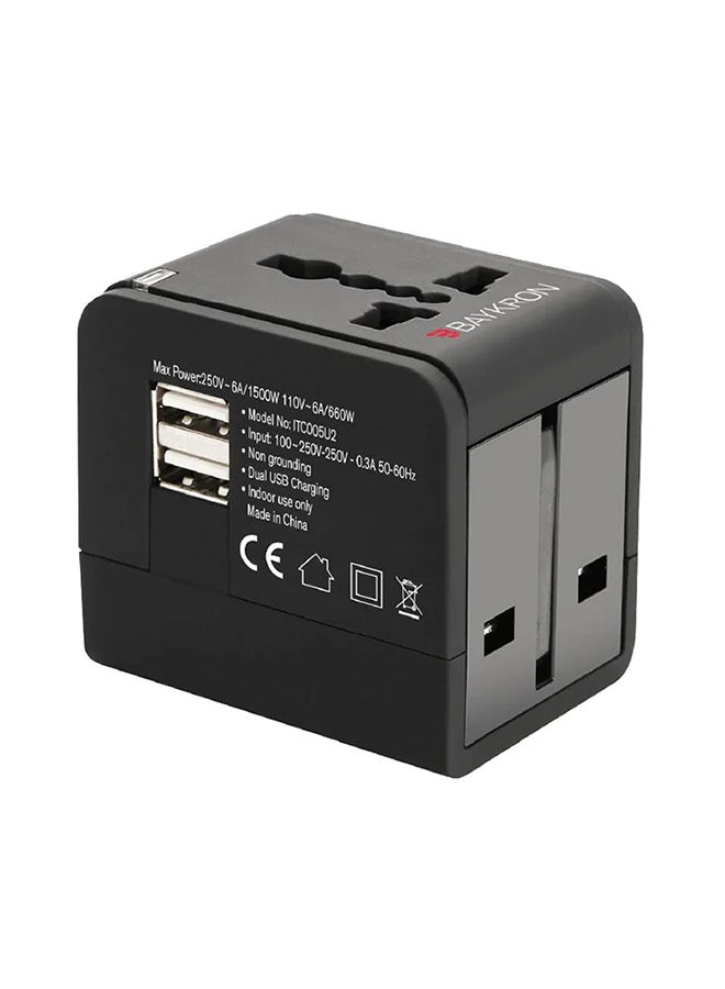 Baykron 2.5A Universal World Travel Adapter With Dual USB Charging Port Black  - Image 2