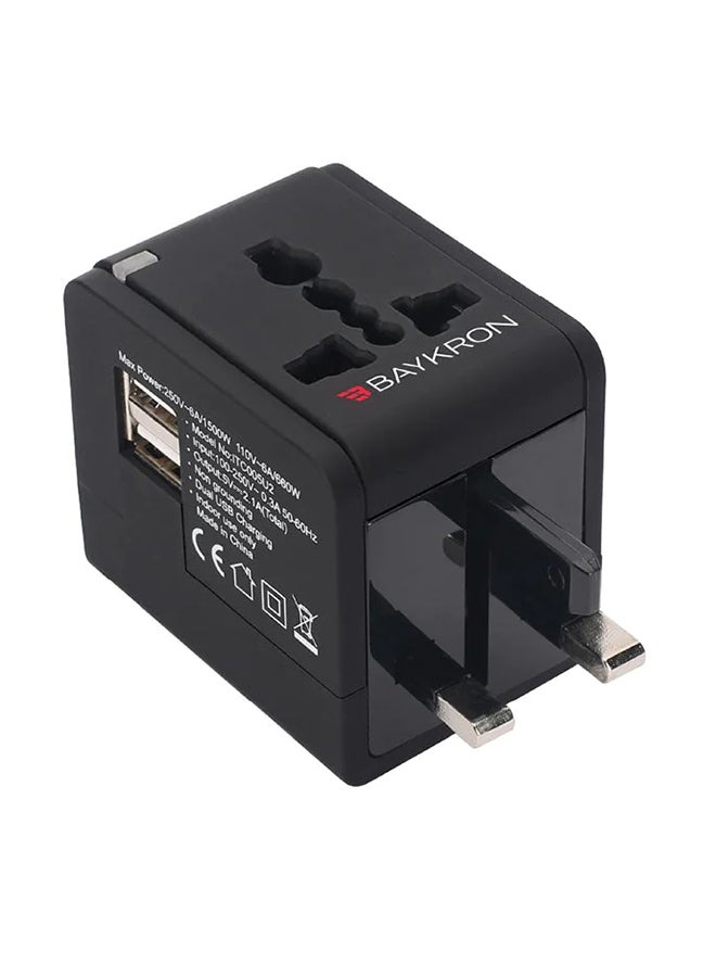Baykron 2.5A Universal World Travel Adapter With Dual USB Charging Port Black  - Image 1