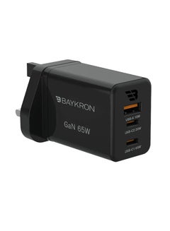 Baykron Premium GaN Ultra Fast Triple Port Wall Charger With USB-A 18W And USB-C PD 65W Black  - Image 1