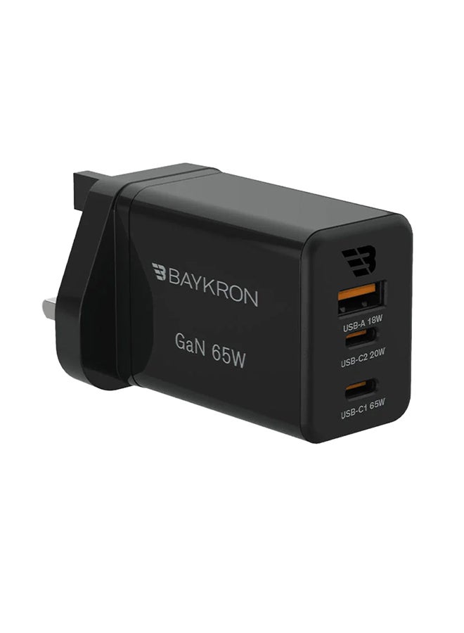 بايكرون شاحن حائط ثلاثي المنافذ GaN فائق السرعة مزود بمنفذ USB-A بقدرة 18 وات ومنفذ USB-C بقدرة 65 وات أسود  - Image 1