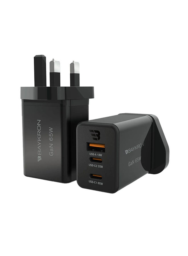 بايكرون شاحن حائط ثلاثي المنافذ GaN فائق السرعة مزود بمنفذ USB-A بقدرة 18 وات ومنفذ USB-C بقدرة 65 وات أسود  - Image 3