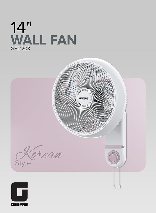 GEEPAS 14" Wall Fan With 3 Speed Setting, ABS Circulator Head, AS 5 Fins Blade, ABS Body, Wide Angle Oscillation, 60W Powerful Motor, Chrome & Silver Painting Decoration 60 W GF21203 White - Image 2