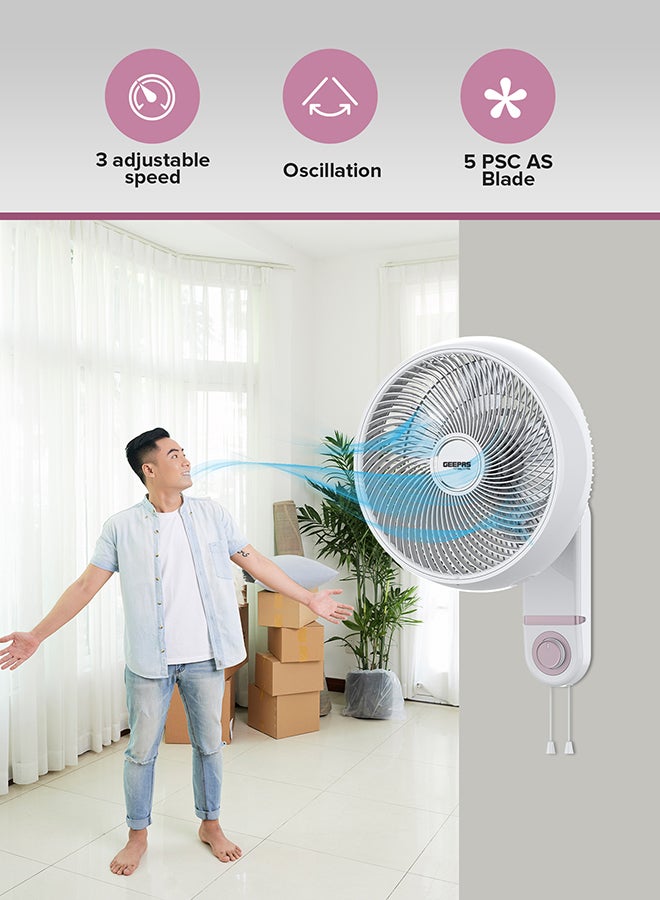 GEEPAS 14" Wall Fan With 3 Speed Setting, ABS Circulator Head, AS 5 Fins Blade, ABS Body, Wide Angle Oscillation, 60W Powerful Motor, Chrome & Silver Painting Decoration 60 W GF21203 White - Image 3