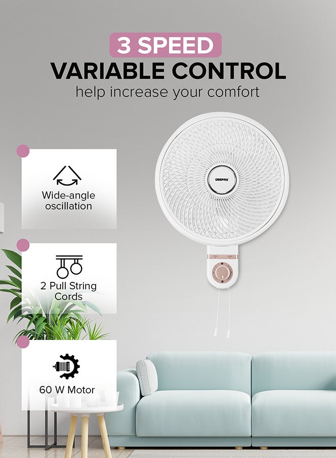 GEEPAS 14" Wall Fan With 3 Speed Setting, ABS Circulator Head, AS 5 Fins Blade, ABS Body, Wide Angle Oscillation, 60W Powerful Motor, Chrome & Silver Painting Decoration 60 W GF21203 White - Image 4