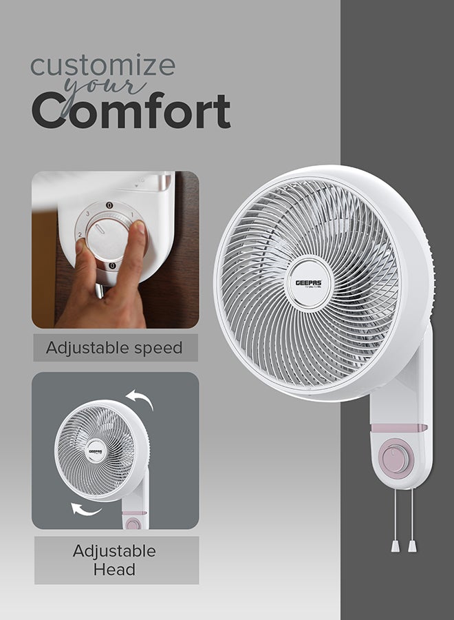 GEEPAS 14" Wall Fan With 3 Speed Setting, ABS Circulator Head, AS 5 Fins Blade, ABS Body, Wide Angle Oscillation, 60W Powerful Motor, Chrome & Silver Painting Decoration 60 W GF21203 White - Image 5