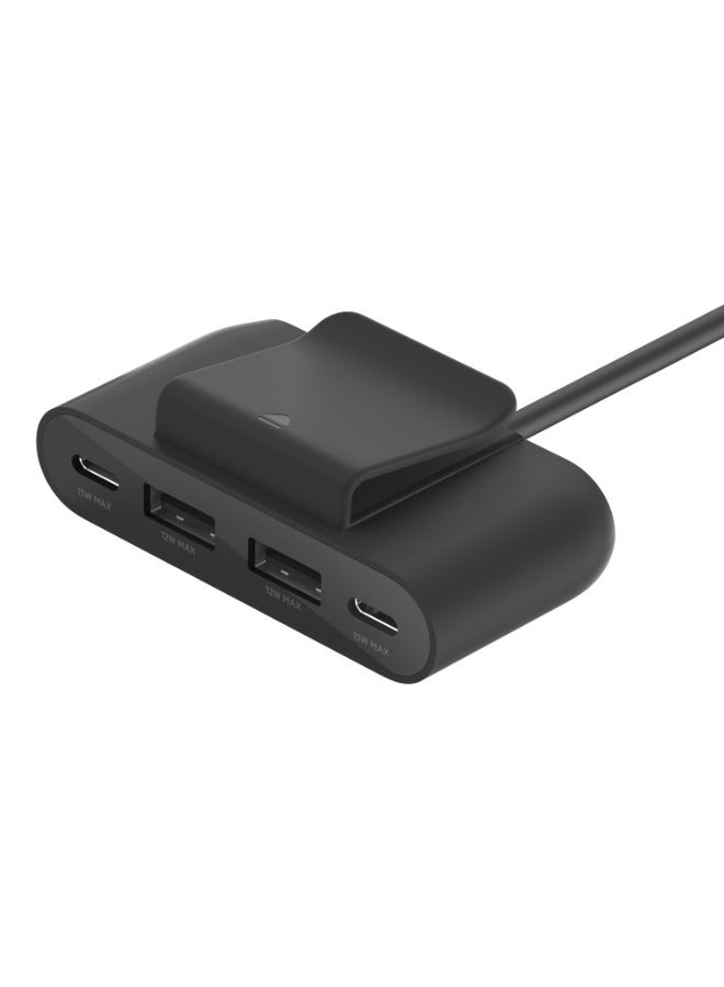 بيلكين - موسع الطاقة BoostCharge ذو 4 منافذ بقدرة 30 وات | شاحن محمول مع كابل بطول 2 متر، يتضمن مشبك، 2X USB-C، 2X USB-A، لأجهزة Apple/Android iPhone 14/13/12 Pro Max وiPad وهواتف Samsung والأجهزة اللوحية أسود - Image 1