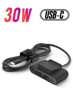 بيلكين موسع الطاقة BoostCharge ذو 4 منافذ بقدرة 30 وات | شاحن محمول مع كابل بطول 2 متر، يتضمن مشبك، 2X USB-C، 2X USB-A، لأجهزة Apple/Android iPhone 14/13/12 Pro Max وiPad وهواتف Samsung والأجهزة اللوحية أسود  - Image 1