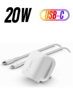 belkin MFi Certified 20W USB Type C Fast Wall Charger With USB Type C To Lightning Cable, Certified USB-C Pd 3.1 Pps And Travel Sized Design For iPhone 14, Pro, Max, Mini, iPad, Galaxy, Pixel And More White  - Image 1