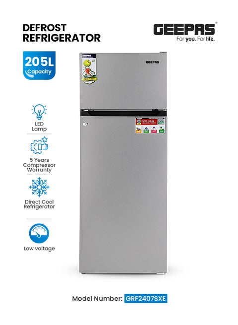 Double Door Defrost Refrigerator With Adjustable Thermostat ,Capacity 205 L/7.2 Cu.Ft  (Refrigerator Capacity 168L & Freezer Capacity 37 L), Tempered Glass Shelves/Faster Cooling/Door Lock & Key 140 W GRF2407SXE-1/GRF2407SXEN Grey