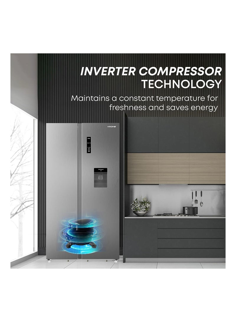 Krome - Side By Side Refrigerator With Water Dispenser, Multi Air Flow, Led Display, Inverter Compressor, Door Alarm, No Frost Cooling System, Twist Ice Maker KR-SBS 700WIM Inox - Image 1