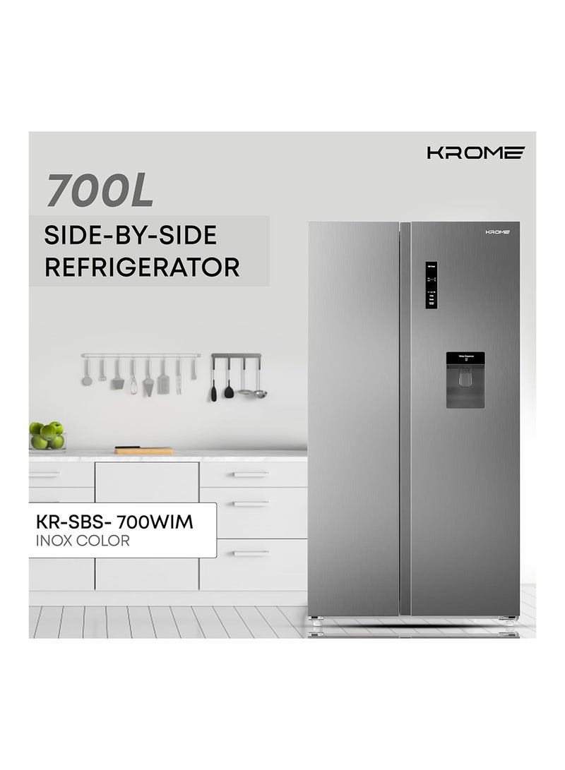 Krome - Side By Side Refrigerator With Water Dispenser, Multi Air Flow, Led Display, Inverter Compressor, Door Alarm, No Frost Cooling System, Twist Ice Maker KR-SBS 700WIM Inox - Image 1
