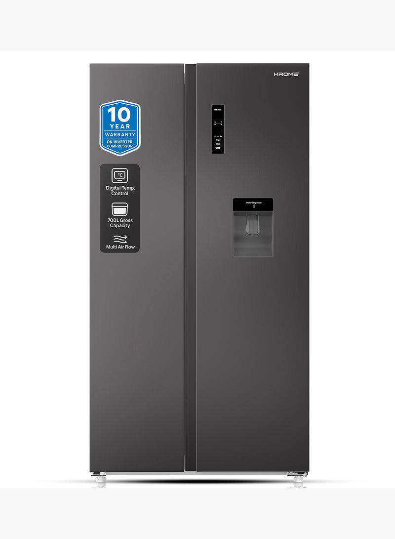 Krome - Side By Side Refrigerator With Water Dispenser, Multi Air Flow, Led Display, Inverter Compressor, Door Alarm, No Frost Cooling System, Twist Ice Maker KR-SBS 700WIM Inox - Image 1