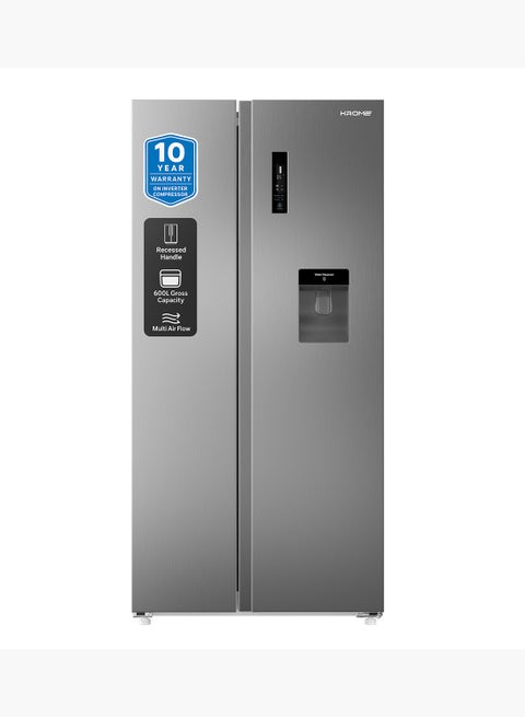 600L Side By Side Refrigerator With Water Dispenser, Multi Air Flow, Door Alarm, Recessed Handles, No Frost Cooling System, Electronic Touch, Temperature Control KR-SBS 600WM Inox